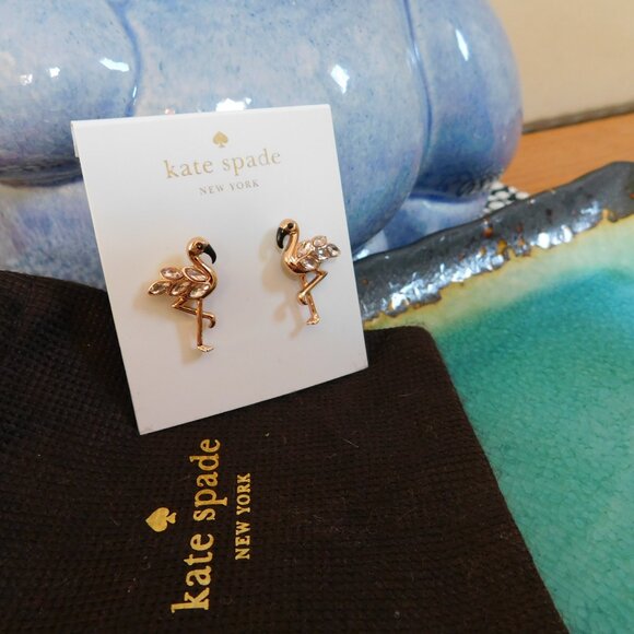New kate spade NY Bird’s the Word rose gold, pink glass stone flamingo earrings - Picture 3 of 16